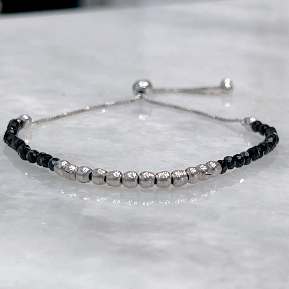Thai Black Spinel Dainty Beads Sterling Silver Bolo Bracelet
